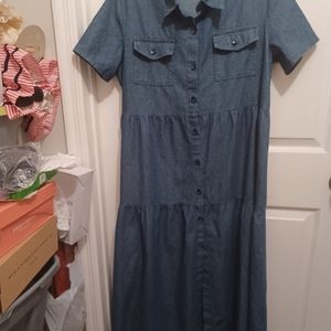Womans XL Denim Jean button down dress praire 1980's maxi country